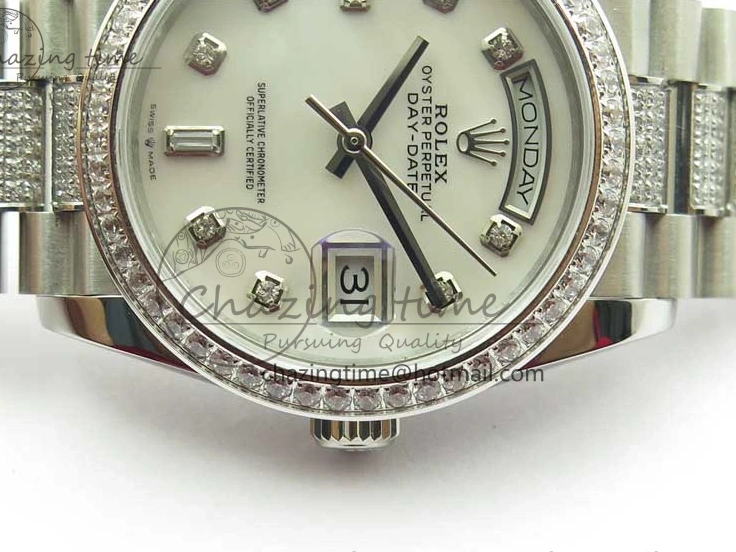 MiroTime 0128 Day-Date 36mm 128239 SS Crystal BP Best Edition White MOP Crystal Marker Dial on SS President Bracelet A MoistureWicking 2682